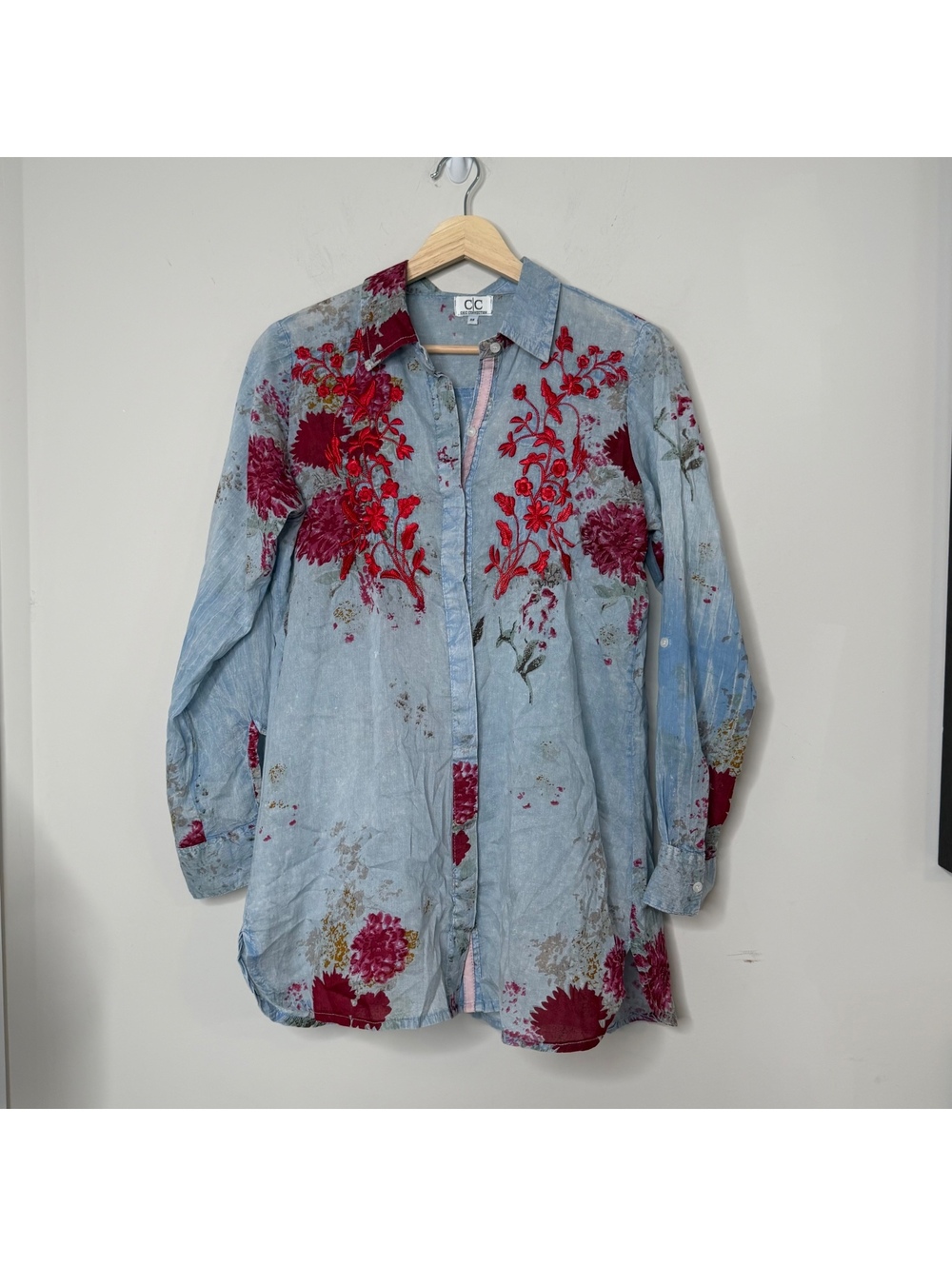 Blue Floral Boho Embroidered Long sleeve Shirt Button Front